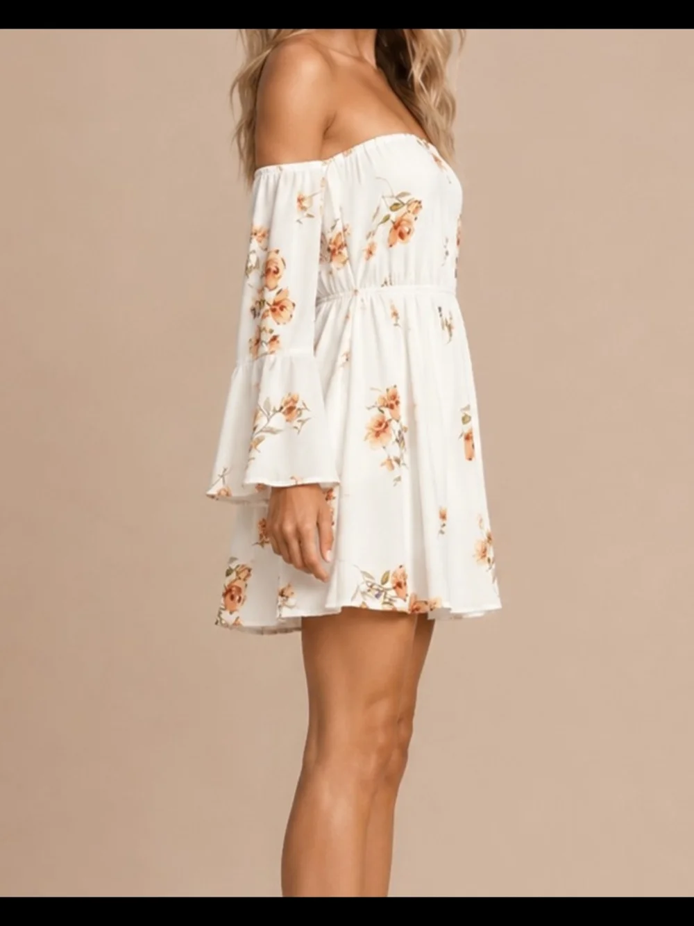 Lulu's Women's Cream Off-Shoulder Floral Tunic Mini Dress w/Peach Blooms Size XS